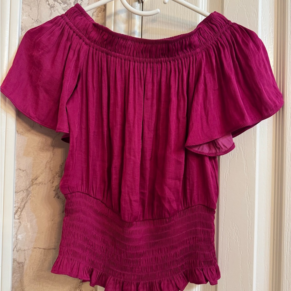 INC International Concepts Off-Shoulder Ruffled Crop Top in Magenta